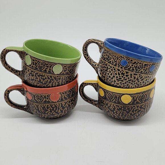 Set Of 4 Always Azul Pottery Mugs With Colorful Interiors Dots - Picture 1 of 7
